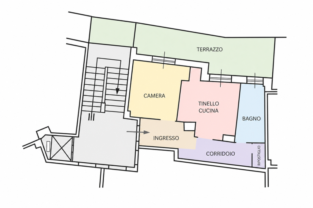 Planimetria di Sanremo, collinare, in Via Galileo Galilei zona uscita Aurelia Bis, bilocale con terrazzo - B405. In Via G.Galilei, zona uscita Aurelia Bis,  2…