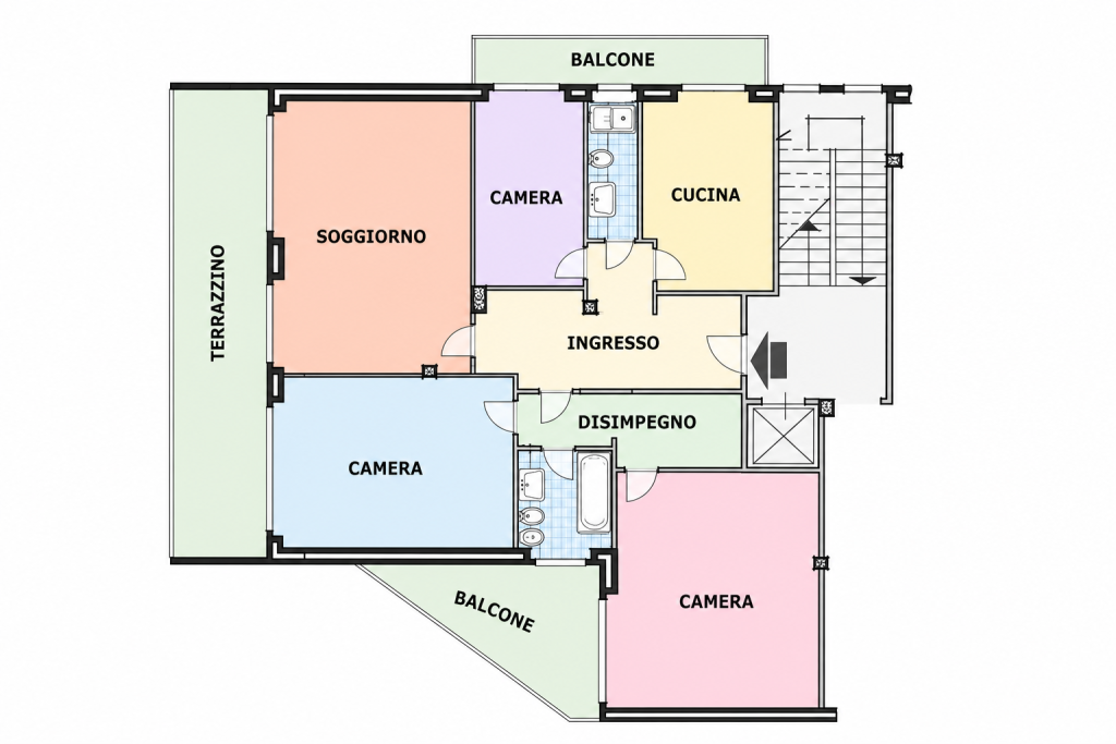 Planimetria di Sanremo, zona S.Martino / Portosole, Quadrilocale con terrazzo, balconi e posto auto condominiale - T642. In zona San Martino, nelle immediate v…