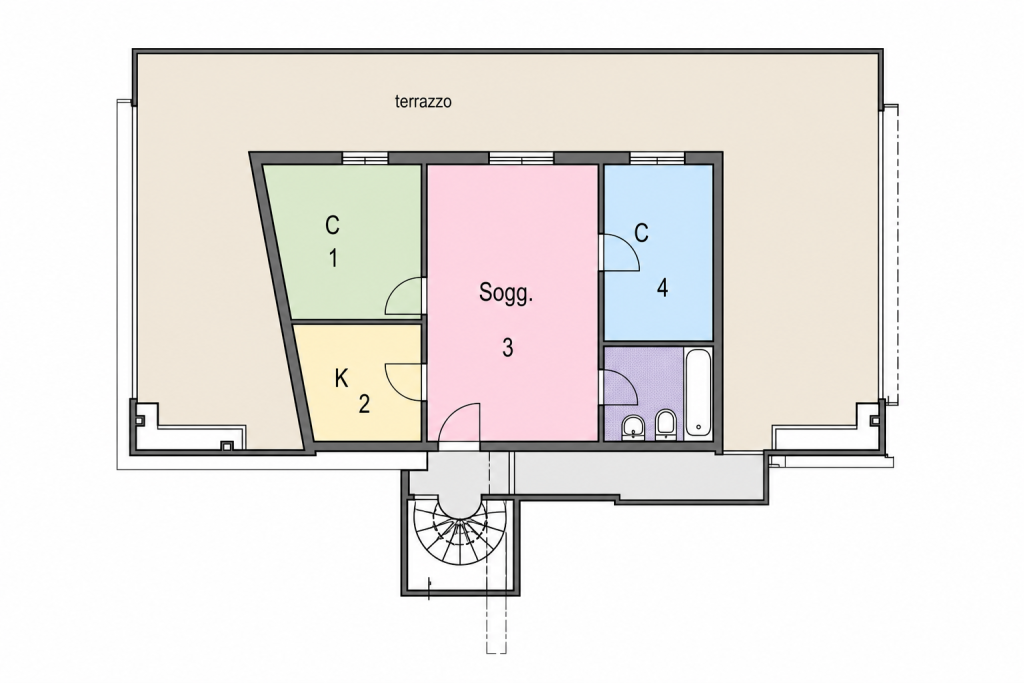 Grundriss der Immobilie Sanremo, Penthouse in einem freistehenden Haus im Gebiet Foce / Solaro, mit Meerblick und umlaufender Terrasse, Objektreferenz T632.